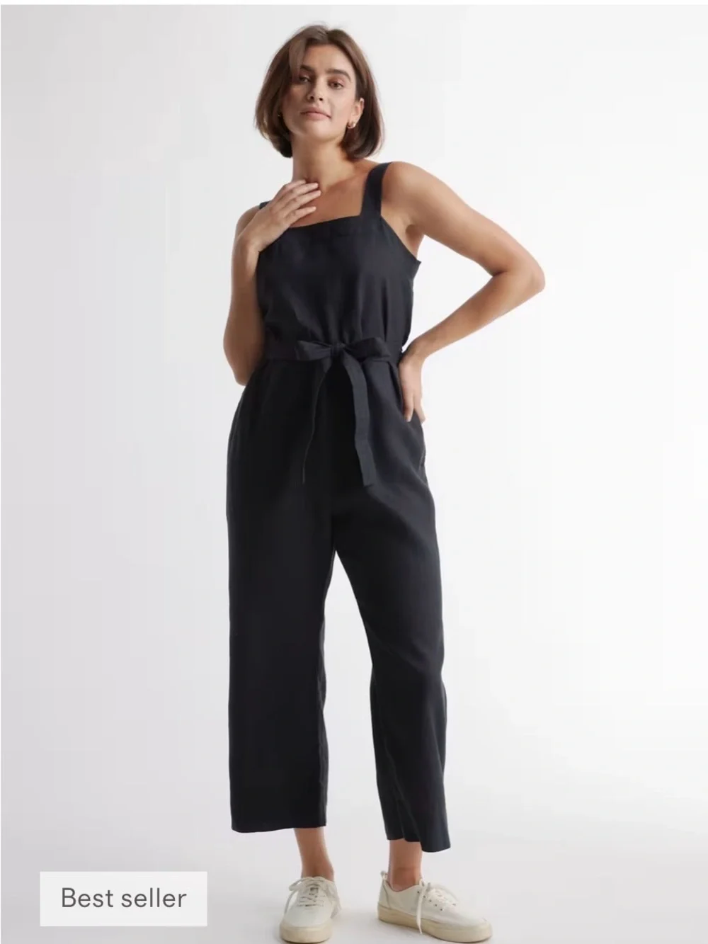 100% European linen square neck Jumpsuit black XS